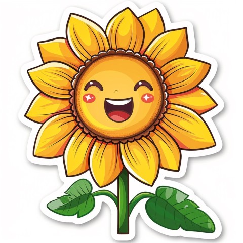 Cute Kawaii Stickers Smiling Sunflower with Radiant Petals on White Background (93)