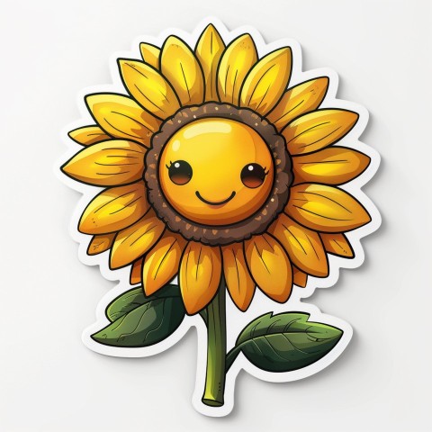 Cute Kawaii Stickers Smiling Sunflower with Radiant Petals on White Background (94)