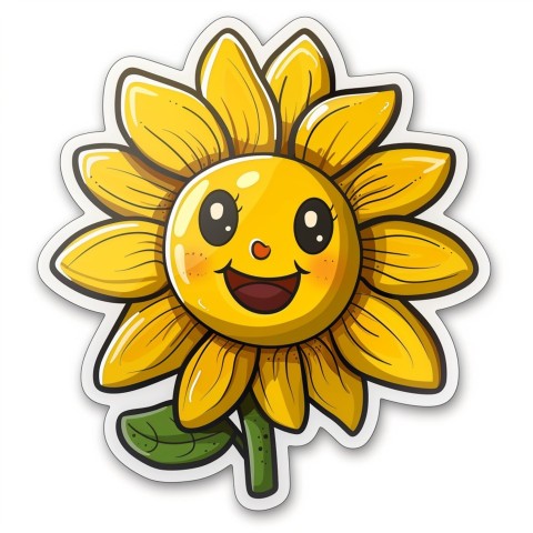 Cute Kawaii Stickers Smiling Sunflower with Radiant Petals on White Background (106)