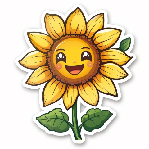 Cute Kawaii Stickers Smiling Sunflower with Radiant Petals on White Background (105)