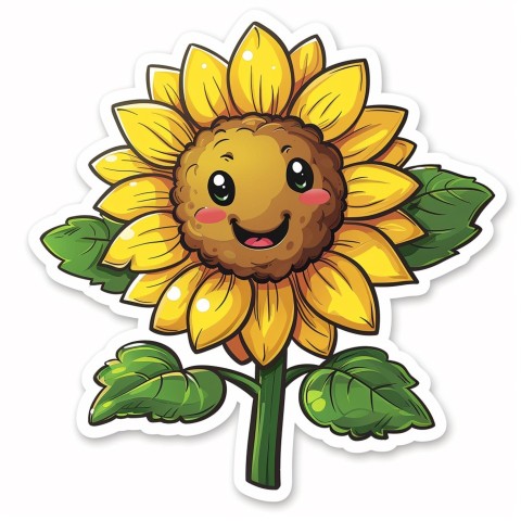 Cute Kawaii Stickers Smiling Sunflower with Radiant Petals on White Background (116)