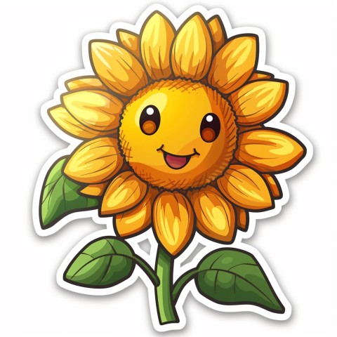 Cute Kawaii Stickers Smiling Sunflower with Radiant Petals on White Background (114)