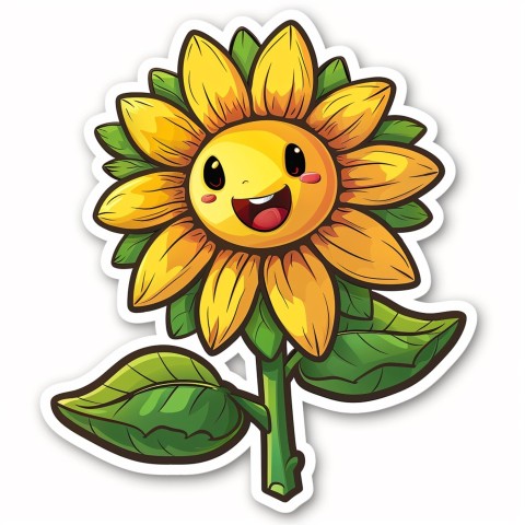 Cute Kawaii Stickers Smiling Sunflower with Radiant Petals on White Background (120)