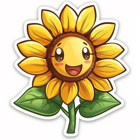 Cute Kawaii Stickers Smiling Sunflower with Radiant Petals on White Background (102)