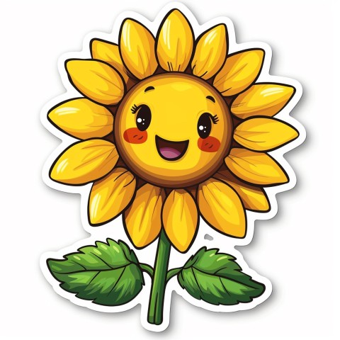 Cute Kawaii Stickers Smiling Sunflower with Radiant Petals on White Background (110)