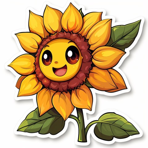 Cute Kawaii Stickers Smiling Sunflower with Radiant Petals on White Background (101)