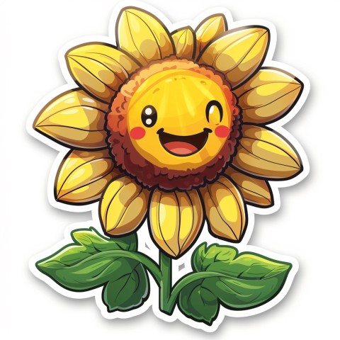 Cute Kawaii Stickers Smiling Sunflower with Radiant Petals on White Background (132)