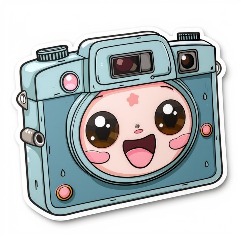 Cute Kawaii Stickers Tiny Digital Camera with Flashing Smile on White Background (11)