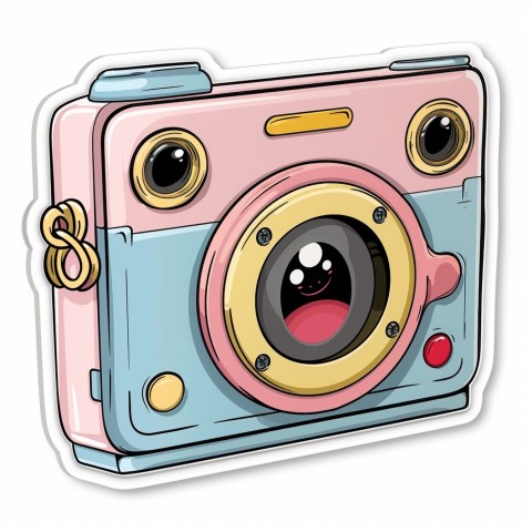 Cute Kawaii Stickers Tiny Digital Camera with Flashing Smile on White Background (1)