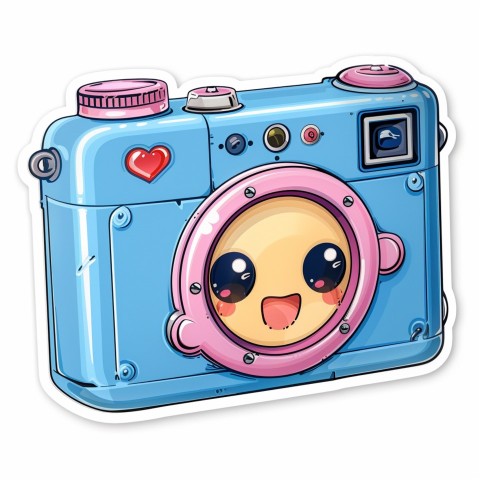 Cute Kawaii Stickers Tiny Digital Camera with Flashing Smile on White Background (25)