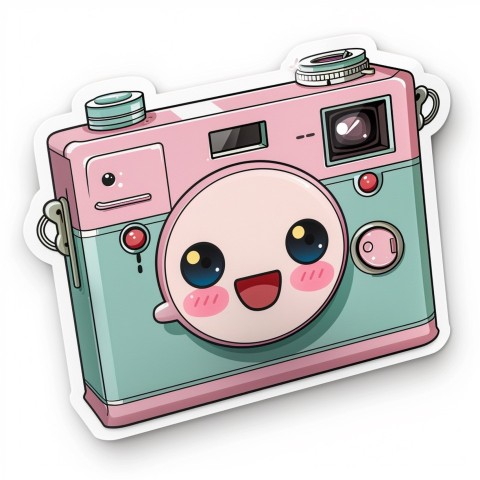 Cute Kawaii Stickers Tiny Digital Camera with Flashing Smile on White Background (35)