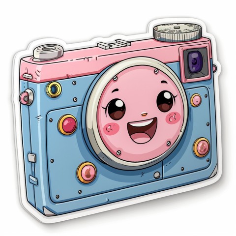 Cute Kawaii Stickers Tiny Digital Camera with Flashing Smile on White Background (23)