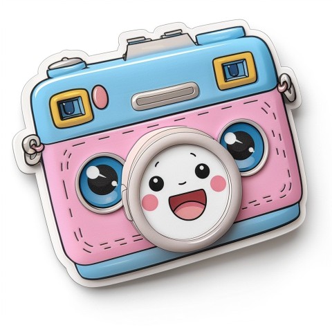 Cute Kawaii Stickers Tiny Digital Camera with Flashing Smile on White Background (34)