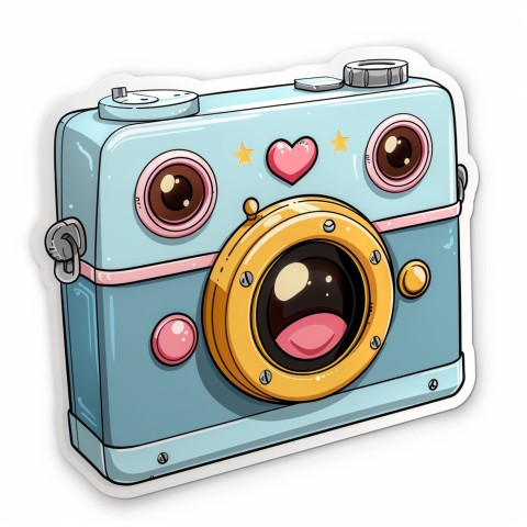 Cute Kawaii Stickers Tiny Digital Camera with Flashing Smile on White Background (51)