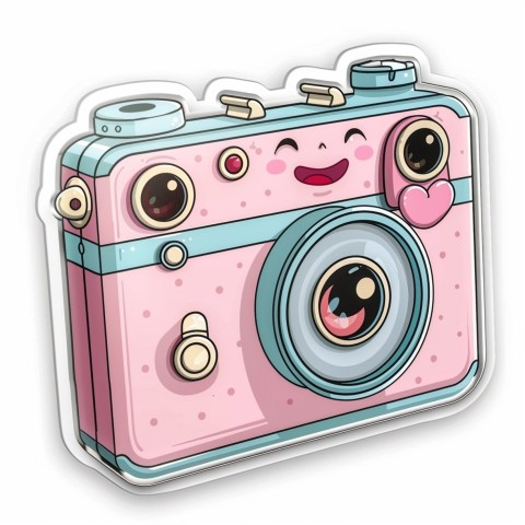 Cute Kawaii Stickers Tiny Digital Camera with Flashing Smile on White Background (44)