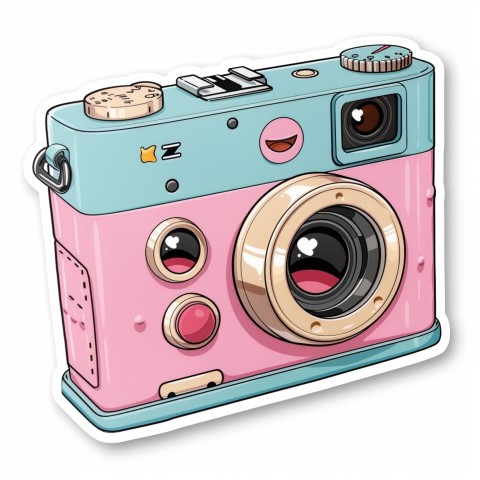 Cute Kawaii Stickers Tiny Digital Camera with Flashing Smile on White Background (59)