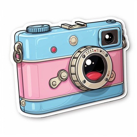 Cute Kawaii Stickers Tiny Digital Camera with Flashing Smile on White Background (67)