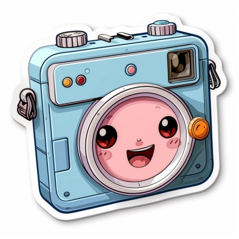 Cute Kawaii Stickers Tiny Digital Camera with Flashing Smile on White Background (73)