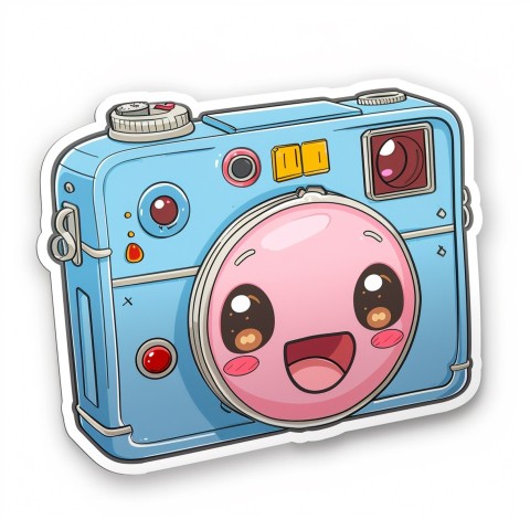 Cute Kawaii Stickers Tiny Digital Camera with Flashing Smile on White Background (63)