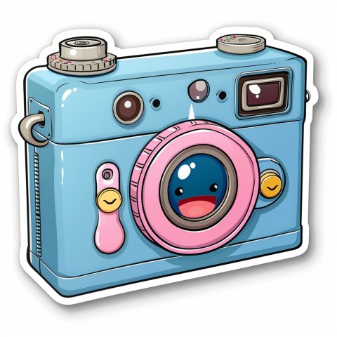 Cute Kawaii Stickers Tiny Digital Camera with Flashing Smile on White Background (68)