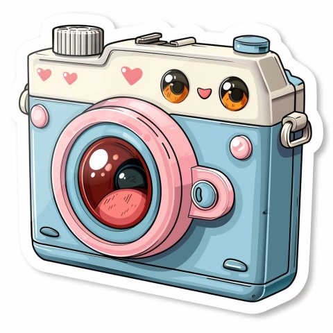 Cute Kawaii Stickers Tiny Digital Camera with Flashing Smile on White Background (84)