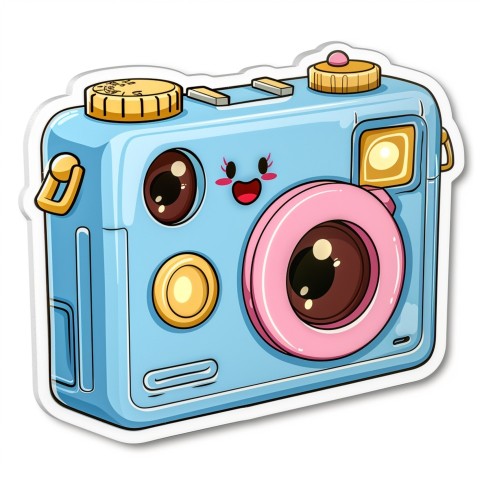 Cute Kawaii Stickers Tiny Digital Camera with Flashing Smile on White Background (82)