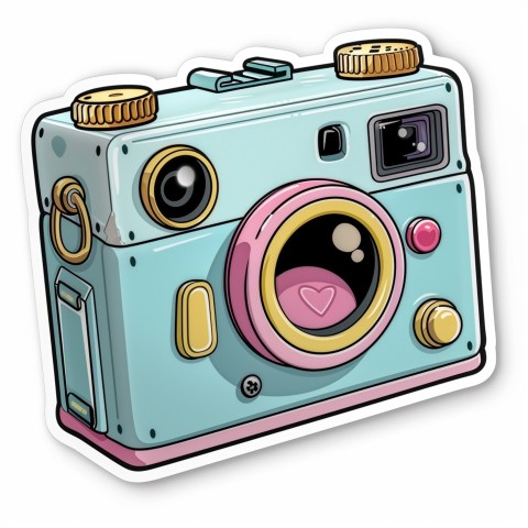 Cute Kawaii Stickers Tiny Digital Camera with Flashing Smile on White Background (86)