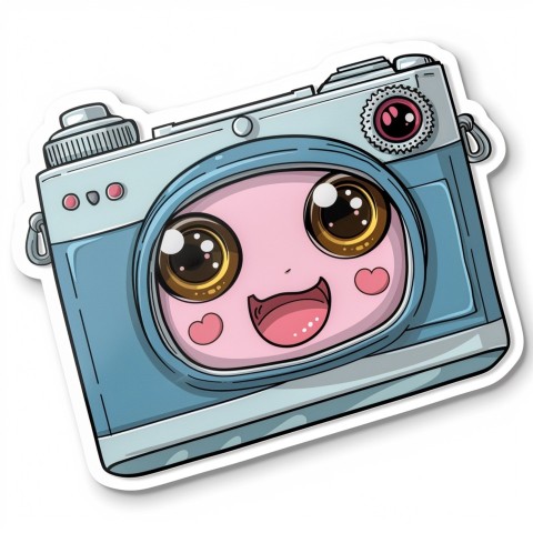 Cute Kawaii Stickers Tiny Digital Camera with Flashing Smile on White Background (120)