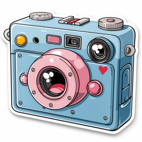 Cute Kawaii Stickers Tiny Digital Camera with Flashing Smile on White Background (111)