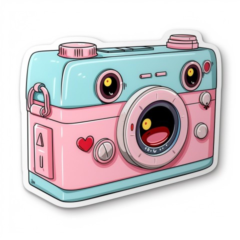 Cute Kawaii Stickers Tiny Digital Camera with Flashing Smile on White Background (130)