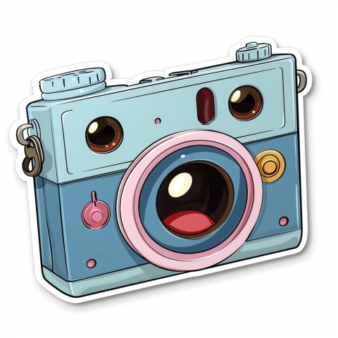 Cute Kawaii Stickers Tiny Digital Camera with Flashing Smile on White Background (140)