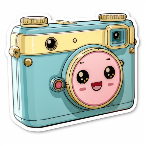 Cute Kawaii Stickers Tiny Digital Camera with Flashing Smile on White Background (121)