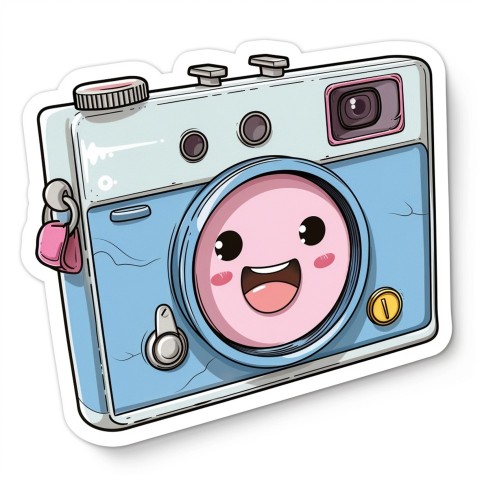 Cute Kawaii Stickers Tiny Digital Camera with Flashing Smile on White Background (131)