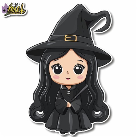 Cute Kawaii Stickers Tiny Witch with Pointy Hat and Magic Wand on White Background (20)