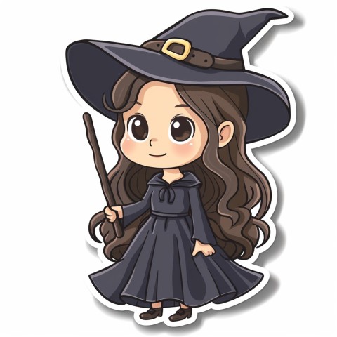 Cute Kawaii Stickers Tiny Witch with Pointy Hat and Magic Wand on White Background (5)