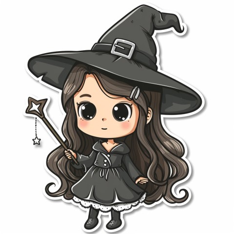 Cute Kawaii Stickers Tiny Witch with Pointy Hat and Magic Wand on White Background (1)