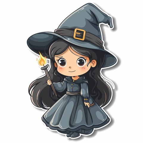 Cute Kawaii Stickers Tiny Witch with Pointy Hat and Magic Wand on White Background (10)