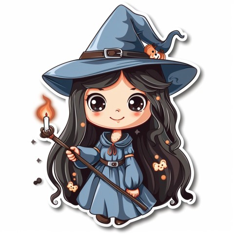 Cute Kawaii Stickers Tiny Witch with Pointy Hat and Magic Wand on White Background (15)