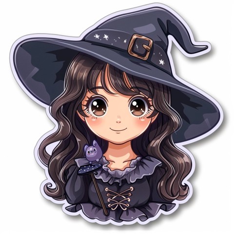 Cute Kawaii Stickers Tiny Witch with Pointy Hat and Magic Wand on White Background (9)