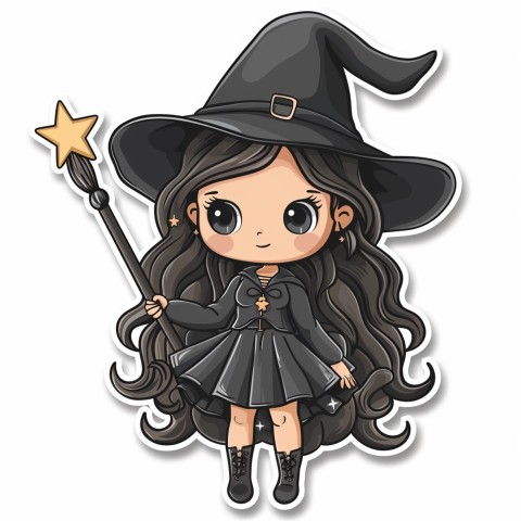 Cute Kawaii Stickers Tiny Witch with Pointy Hat and Magic Wand on White Background (27)