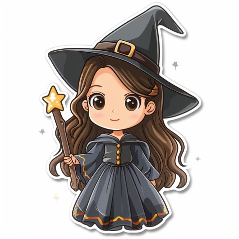 Cute Kawaii Stickers Tiny Witch with Pointy Hat and Magic Wand on White Background (24)