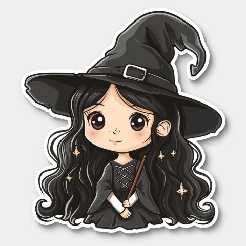 Cute Kawaii Stickers Tiny Witch with Pointy Hat and Magic Wand on White Background (32)