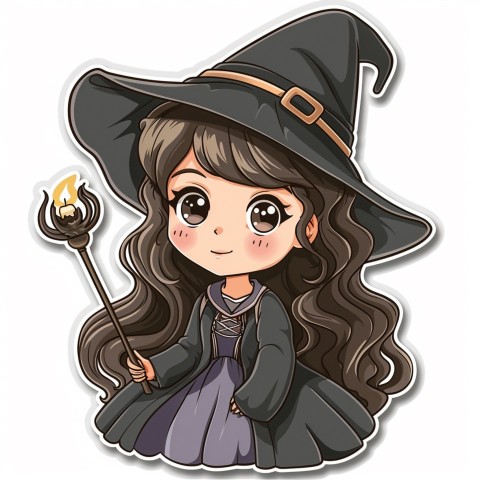 Cute Kawaii Stickers Tiny Witch with Pointy Hat and Magic Wand on White Background (42)