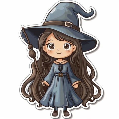 Cute Kawaii Stickers Tiny Witch with Pointy Hat and Magic Wand on White Background (60)