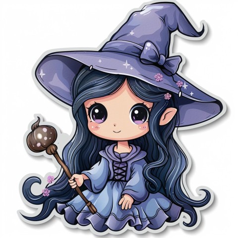 Cute Kawaii Stickers Tiny Witch with Pointy Hat and Magic Wand on White Background (47)