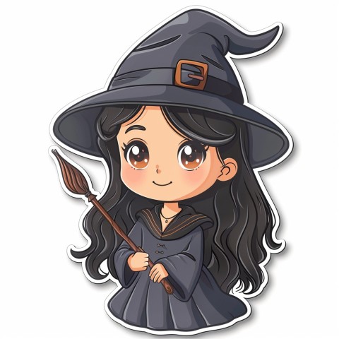 Cute Kawaii Stickers Tiny Witch with Pointy Hat and Magic Wand on White Background (74)