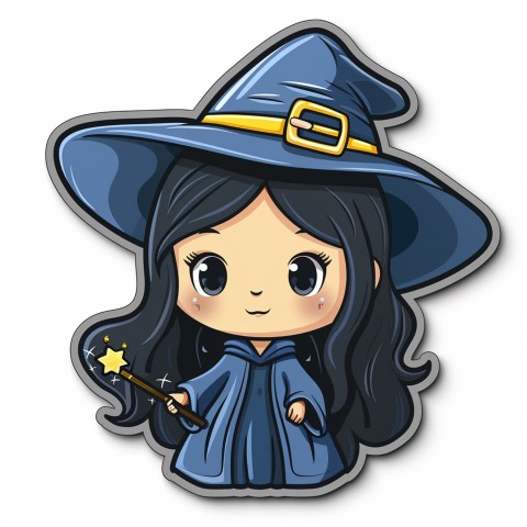 Cute Kawaii Stickers Tiny Witch with Pointy Hat and Magic Wand on White Background (67)