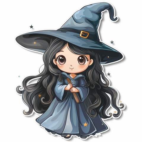 Cute Kawaii Stickers Tiny Witch with Pointy Hat and Magic Wand on White Background (76)