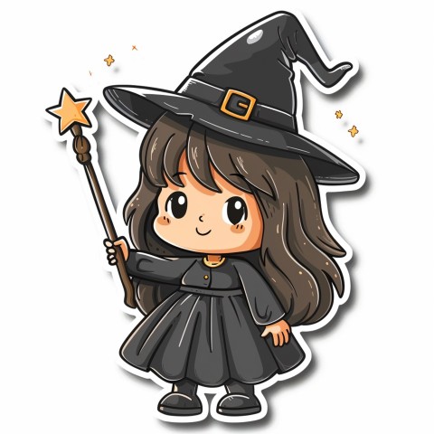 Cute Kawaii Stickers Tiny Witch with Pointy Hat and Magic Wand on White Background (64)