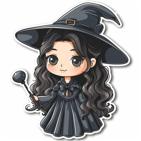 Cute Kawaii Stickers Tiny Witch with Pointy Hat and Magic Wand on White Background (92)